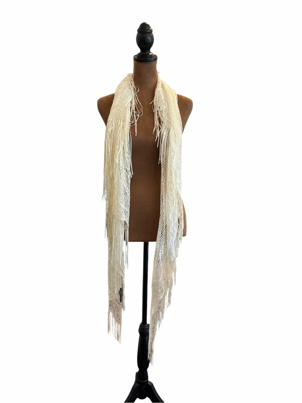Cejon Lace Shawl Wrap Ivory Fringe Boho Cottagecore Coastal Cowgirl 86x36”